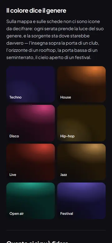 Schermata reale di UrbanWave: i colori dei generi musicali