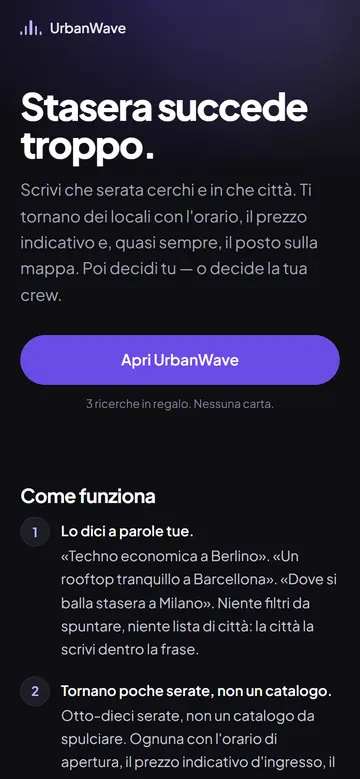 Schermata reale di UrbanWave: la pagina di presentazione